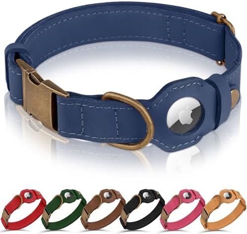 AirTag Dog Collar - Genuine Leather Dog Collar with Apple AirTag Holder and Metal Buckle - Smart GPS Tracking Pet Collars (Smoky Blue, S, 12"-15" Neck Fit) (Smoky Blue, M, 14"-18" Neck Fit)