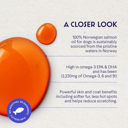 Premium Salmon Oil for Dogs – Pure Norwegian Salmon Oil High in Omega 3 EPA & DHA -Powerful Fish Oil for Dogs Skin & Coat, Hip & Joints, Allergies & Itchy Skin – Omega 3 Fish Oil for Dogs-8oz Liquid