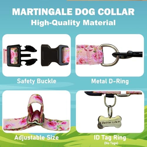 Female Martingale Dog Collar with Buckle Cute Girl Pink Floral Dog Collars for Medium Dogs, Watercolor Pink Rose