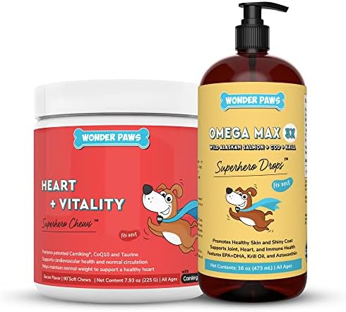 WONDER PAWS Heart + Vitality Superhero Chews Plus Omega Max Fish Oil - for Dogs Heart Health, Skin and Joint Care & Immune Support - Heart + Vitality 90 Chews - Omega Max 16 Ounces