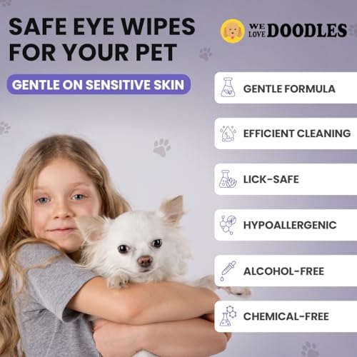 We Love Doodles Dog Eye Wipes & Dog Slicker Brush - Pre-Soaked Eye Wipes for Dogs, Tear Stain Remover for Dogs, Pet Eye Wipes, Long Pin Brush for Dematting, Dog Brush for Grooming Pet Hair