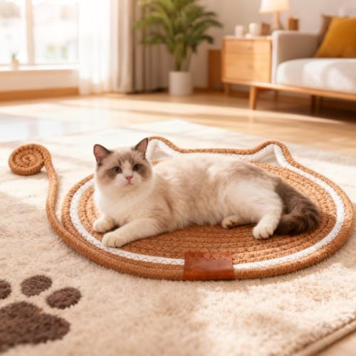 Cat Scratcher Mat Natural Cotton Rope Oval Horizontal Floor Cat Scratch Bed Pad with Ball Toy Protector for Furniture Floor Wall (Purple, 2 PC)