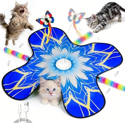 Hide and Seek Cat Toy Mat, 3-in-1 Interactive Cat Toy for Indoor Cats with Fluttering Butterfly, Dual Concealed Feather Wands, 3 Prey Sounds and Touch Activation (Blue)