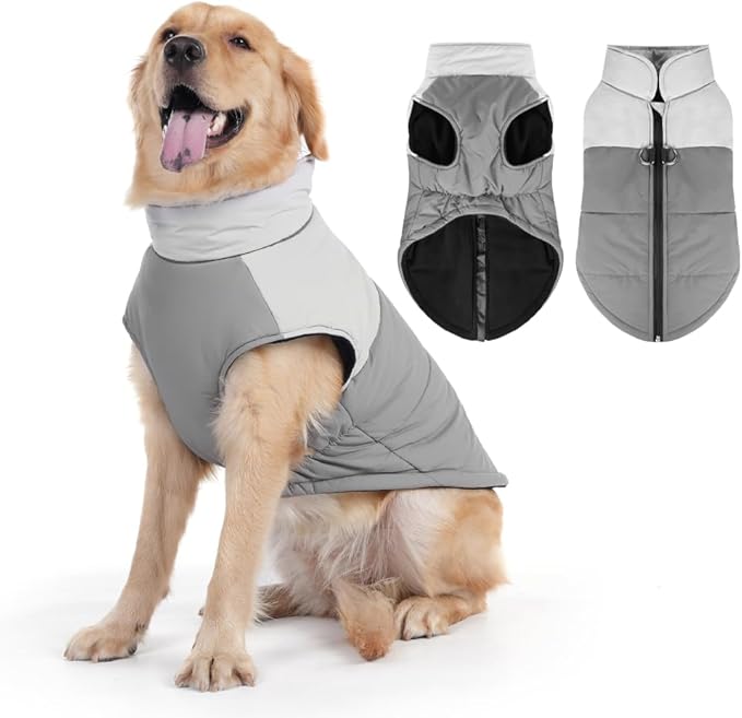 Dog Coat, Waterproof Dog Winter Jacket in Puppy Cold Weather Windproof Coats Reflective Pet Vest, Zip-Up Cold Weather Coats for Small Medium Dogs (White and Gray, XL)