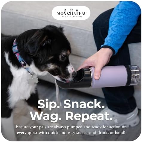 Mon Chateau 14oz Portable Dog Water Bottle with 4 oz Snack Storage, Double Walled Stainless Steel Body, Leak-Proof, Dishwasher Safe Pet Travel Bottle for Dogs, Cats & Outdoor Use, Black