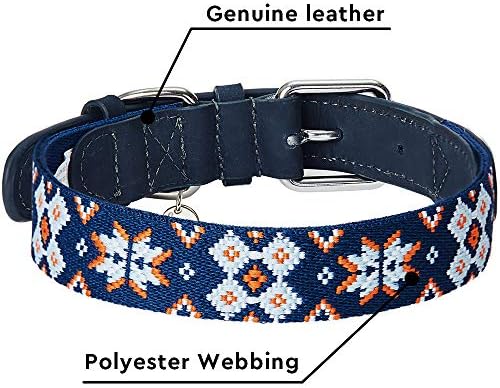 Blueberry Pet 3 Patterns Southwestern Modern Tribal Print Genuine Leather & Polyester Fabric Combo Dog Collar with Metal Buckle - Navy Braided, Medium, Neck 15"-18"