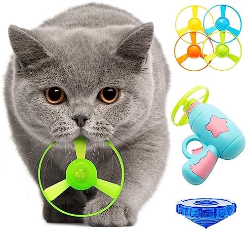 Cat Fetch Toy, Interactive Flying Cat Toy with 1 Light Up Spinning Tops, 1 LED Propellers and 4 Flying Propellers,Kitten Tracks Toy for Training Hunting Chasing(Blue)