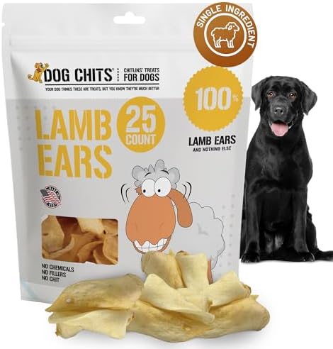 Dog Chits Lamb Ears for Dogs – 100% Natural Baked Lamb Ear Dog Treats – Grain-Free, High Protein, Lower Fat Training Chews – Dental Health & Joint Support – for Large, Medium Dogs – 25 Pack