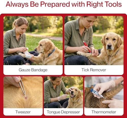 Pet First Aid Kit for Dogs & Cats – 90+ Emergency Supplies | Tick Remover, Thermometer, Muzzle, Slip Leash, Collapsible Bowl & First Aid Manual | Home, Car, Camping & Travel
