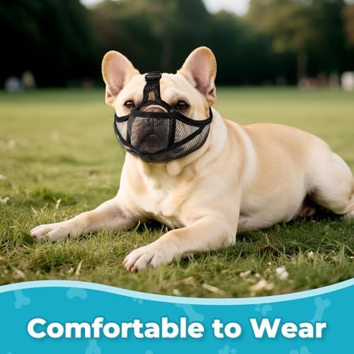 OHCOZZY Soft French Bulldog Muzzle with Eye Hole,Adjustable Short Snout Dog Muzzle for French Bulldog,Pug,Shih Tzu,Allow to Drink and Feed,Anit Biting Chewing(L,Black)
