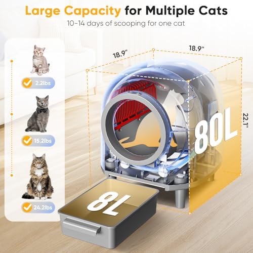 Self Cleaing Litter Box for Multiple Cats, 88L Large Smart Automatic Cat Litter Box with App Control, Health Monitoring, Integrated Safety Sensors, Odor Removal, Mat, Liners