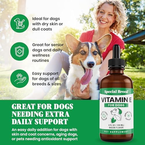 Vitamin E for Dogs Liquid 250 IU - Vitamin E Oil for Dogs Skin and Coat Support - Dog Immune Support Antioxidant Supplement - Bacon Flavor - 120 Servings - 4 oz