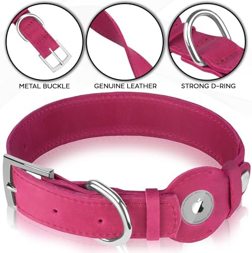 Leather Dog Collar with Airtag Holder - Apple Air Tag Dog Collars - Soft Tracking GPS Pet Collar for Small Medium Large Dogs Breed Puppy (Pink, S, 9"-12" Neck Fit)
