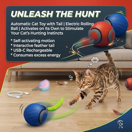 Teazys Cat Toy Turbo Tail 3.0,Interactive Cat Toy Ball, Automatic Cat Toy with Tail, Electric Rolling Ball on Carpet, Cat Enrichment Toys for Small/Medium/Large Cats to Keep Them Busy (2PCS)