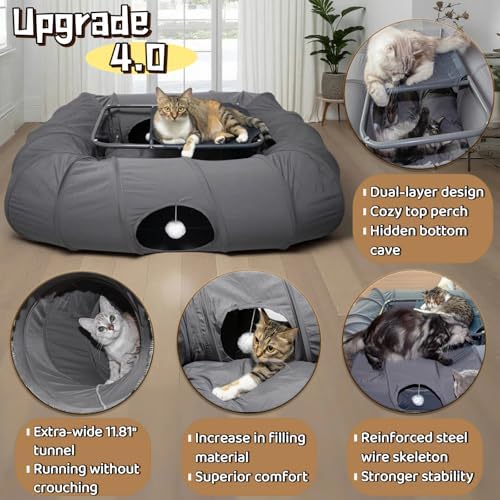 XxingSheep 2-Tier Cat Tunnel & Hammock Bed XXL, 4 Cave Shuttle with Elevated for Multiple Cats Toy Dark Grey