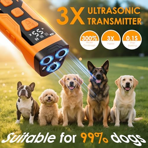 Anti Barking Device for Dogs, 3X Ultrasonic Dog Bark Deterrent Devices, 4 Frequencies 5 Training Modes 65ft Safer Alternatives to Bark Collars, Portable Design with Display for All Dogs (Blue)