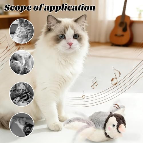 Interactive Flying Bird Cat Toy with Flapping Wings & Chirping Sounds - Rechargeable Cat Toys Interactive for Bored Indoor Adult Cats, Electric Simulation Pet Toy for Cats & Dogs (Grey)
