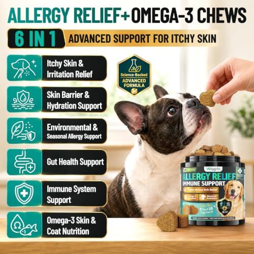 Dog Allergy Chews Omega 3 is Human Grade, Itch Relief for Dogs Multivitamin