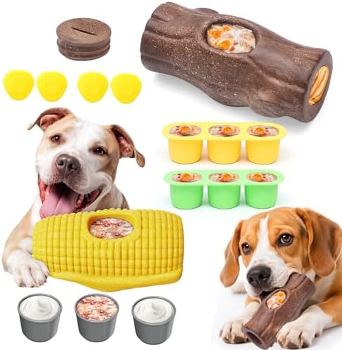 2 Pack Dog Toys for Aggressive Chewers – Interactive Indestructible Dog Toys to Keep Them Busy – Frozen Treat Toy for Large & Medium Dogs, Reduces Anxiety, Tree Stump & Corn Shapes