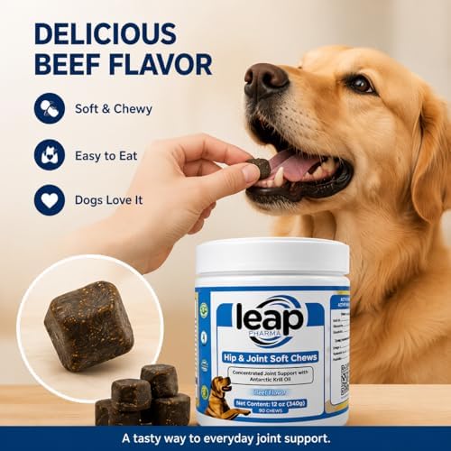 Dogs Suplements Hip & Joint - Krill Oil and Glucosamine Soft Chews, Joint Supplement for Dogs with Krill Oil,Glucosamine, Chondroitin, MSM, Turmeric, Anti Inflammatory, Mobility (Beef 90ct)