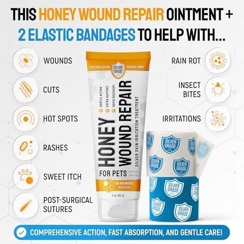 Hot Spot Treatment For Dogs & Cats to Help with Scratches, Cuts, Bites – Set of Honey Wound Repair Ointment in Gel Form + 2 Bandages – Horse & Dog Wound Care with Silver & Honey – All Pets Care – 2 Oz