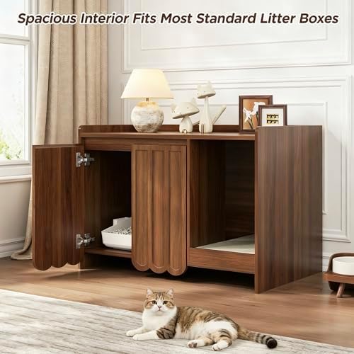 Halitaa Cat Litter Box Enclosure with Scratch Pad, Hidden Litter Box with Soft-Close Hinges, Modern Fluted Cat Litter Box Furniture, Dog Proof Litter Box Cabinet, Side Table, Walnut