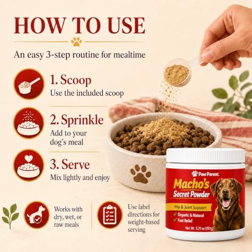 Paw Parent Macho's Secret Powder, Paw Parent Green lipped Mussel, Dog Hip & Joint Support Powder, Helps Support Joint Mobility and Flexibility, 5.29 oz