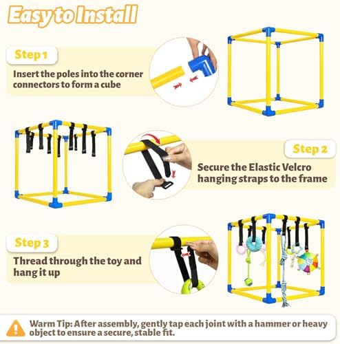 Puppy Play Gym with 9 Hanging Toys for Small Dogs, PVC Frame with Bungee Straps, Interactive Indoor Jungle Playground for Entertainment, Teething and Mental Stimulation（Yellow）