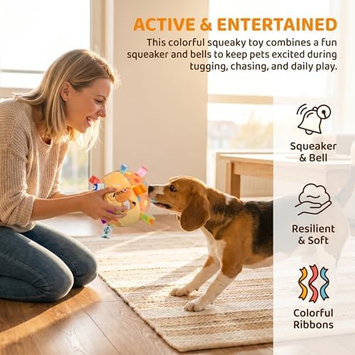 Colorful Squeaky Hanging Dog Training Toy, 6-Inch Squeaky Hanging Dog Toy, Soft Stuffed Ball with Cotton Material, Built-in Bell, Interactive Tug Chew Toy for Small Medium Dogs Indoor Play Fun (Mix-5)