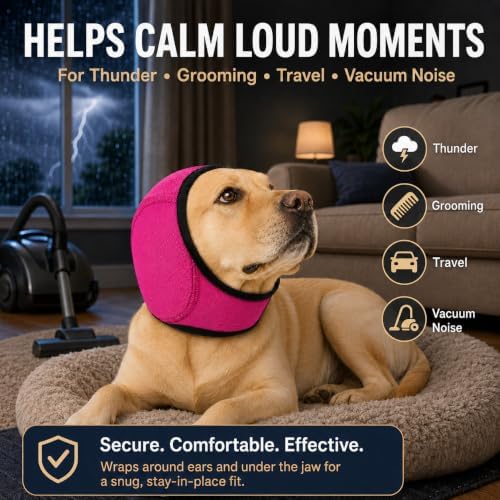 Dog Ear Muffs Noise Protection, Adjustable Dog Ear Wrap Calming Hoodie, No Shake Ear Covers for Thunder, Vacuum, Grooming & Bathing, Polyester Noise Reduction Padding with Elastic Strap(Rose red,S)