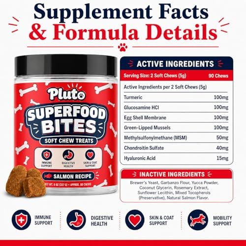 Pluto Superfood Softchew for Dogs, Immune Support Digestive Health Skin & COATSUPPORT Hip and Joint Supplement for Dogs Salmon Flavor 90 Chews (1 PCS)