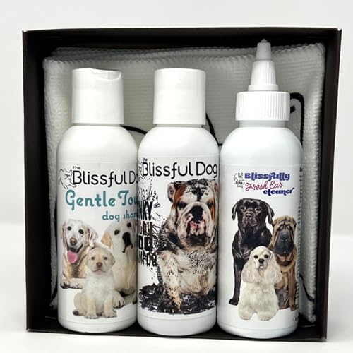 The Blissful Dog Shampoo Combo Kit, 4oz Gentle Touch Shampoo, 4oz Stinky Filthy Dog Shampoo & 4oz Blissfully Fresh Ear Cleaner + Blissful Dog Towel in Gift Box