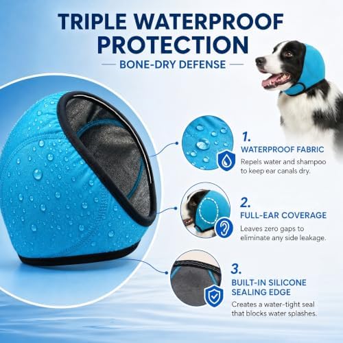 Waterproof Dog Ear-Cover for Bath: Keep Water Out During Bath Time - Reduce Ear Infection Risk By 97% - Anti-Slip Fit for Medium Breeds Cocker Spaniel/Beagle/Springer Spaniel