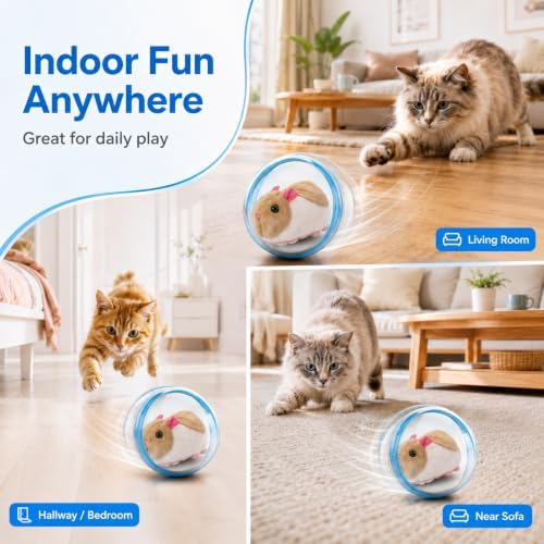 Self Rolling Interactive Cat Ball, Automatic Moving Cat Toy with Plush Animal Inside, 360° Rolling Cat Chasing Ball with Transparent Ball for Cats Dogs Small Pets (Blue,White/Brown Mouse)