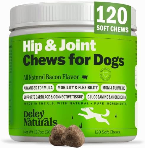 Deley Naturals Hip and Joint Supplement for Dogs - Glucosamine Chondroitin MSM & Collagen for Dogs - Dog Joint Supplement, Smaller Chews, Low Calories, Same Ingredients - 120 Bacon Flavor Chews
