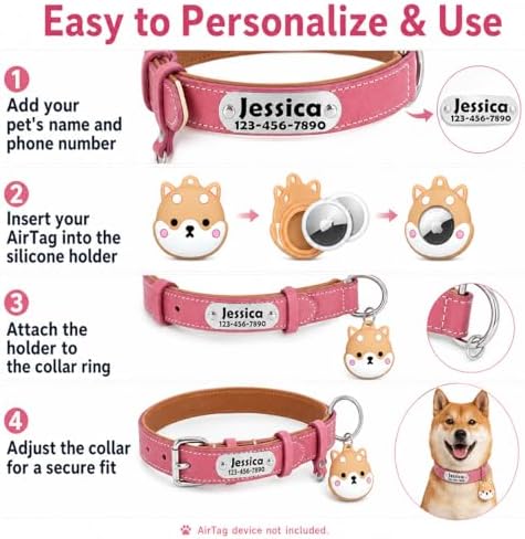 Personalized Leather Dog Collar with AirTag Holder Case, Custom Engraved Nameplate Dog Collar, Adjustable Genuine Leather Soft Padded Dog ID Collar for X-Small Small Medium Large X-Large Dogs-Pink-L