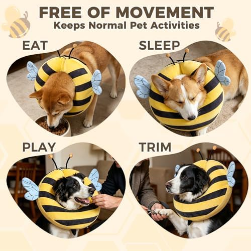 PAWCHIE Inflatable Dog Cone Collar Alternative, Soft Dog Cone for Medium to Large Dogs After Surgery, Adjustable Neck Recovery E-Collars Donut Collar with Cute Bee Shape, Yellow M