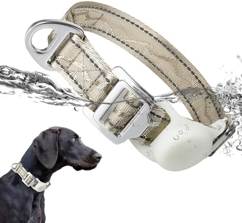 AirTag Dog Collar, Reflective Nylon, Metal Buckle, IP68, Dog Collar with AirTag Holder, Heavy Duty Dog Collars for Large Medium Small Dogs (Champagne Gold, L：Width 1",Neck 16.1"-25.2")