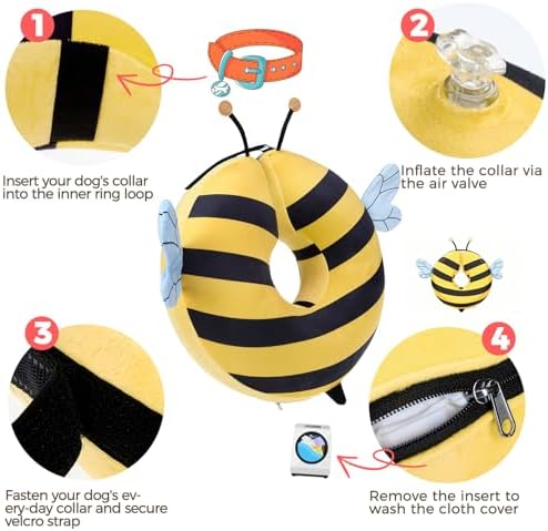 PAWCHIE Inflatable Dog Cone Collar Alternative, Soft Dog Cone for Medium to Large Dogs After Surgery, Adjustable Neck Recovery E-Collars Donut Collar with Cute Bee Shape, Yellow M