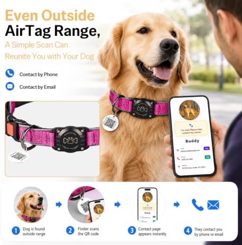 Geamen Dog Collar for Airtag Waterproof QR Code Reflective Collar HotPink,S | Built-in Waterproof Holder, QR Code Tag, Reflective,Secure Buckle