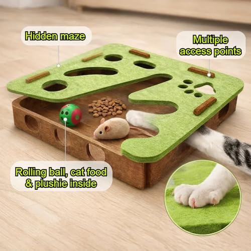 Interactive Cat Puzzle Feeder Toy – Felt Maze Box with 3 Jingle Balls – Mental Stimulation, Slow Feeding & Fun Exercise for Indoor Cats & Kittens (1,Round-Gray)