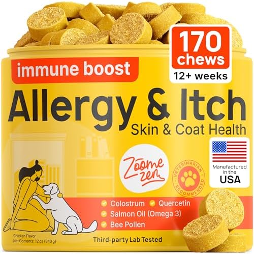 Dog Allergy Chews – Dog Allergy Relief, Itch Relief for Dogs – Anti Itch, Allergies & Immune Chews for Dogs with Omega 3 Fish Oil, Colostrum & Probiotics – 170 Count, Made in USA