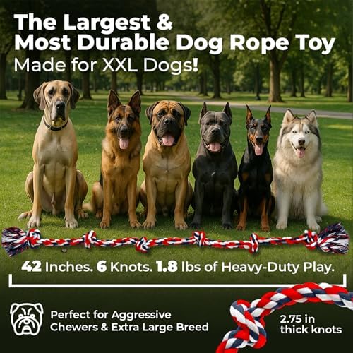Pacific Pups Products XXL Dog Rope Toy for Large Dogs, 42 Inch, 6 Knot, Red