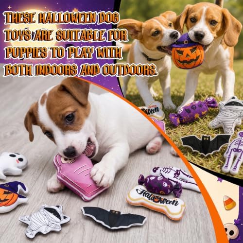 Soulchen 8 Pcs Halloween Dog Squeaky Toys, Plush Stuffed Chew Bulk with Squeakers, 8 Styles Interactive Funny Puppy Enrichment Set for Small Medium Pets