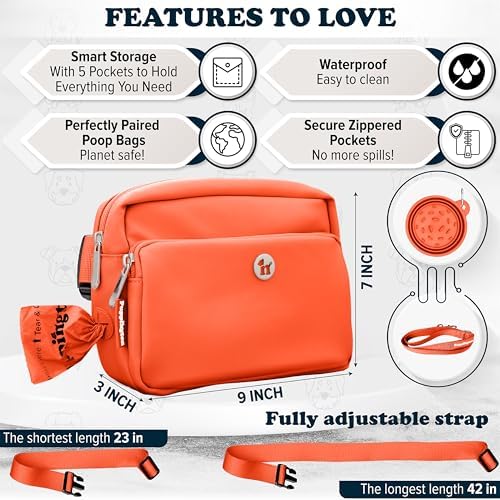 Puppington 3-in-1 Crossbody Bag & Dog Treat Pouch for Pet Training - Matching Poop Bags & Built-in Poop Bag Dispenser - Zippered Pockets - Dog Walking Bag for Office to Off-Leash (Poppy Orange)