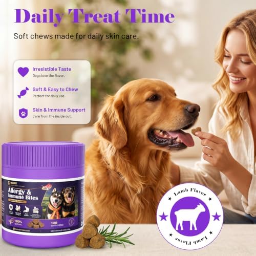 Dog Allergy Chews for Dogs - Skin & Coat, Digestive Health & Immune Support, Lamb Flavor, 2 Bottles, 240 Soft Chews