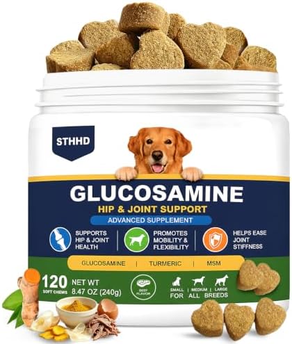Hip and Joint Supplements for Dogs - Glucosamine for Dogs with Chondroitin, Turmeric & MSM - Joint Pain Relief and Hip Support - All Ages and Breeds - 120 Chews