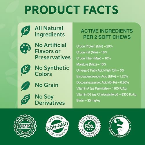 BAZI Skin & Coat Dog Chews – Collagen, Omega-3, EPA & DHA for Skin Health & Coat Shine – Antioxidant-Rich Supplement with Vitamin A & D3 – Supports Brain, Energy, and Balanced Blood Sugar