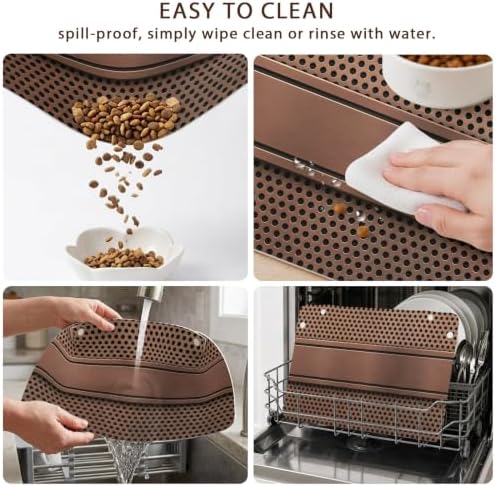 Dog Feeding Mats Brown Metal Hole Dog Bowl Mat Waterproof PU Leather Cat Food Mat Copper Industrial Steel Net Eye Pet Food Mats for Dogs Cats Water Dispenser Placemat Floor Protector Pet Supplies