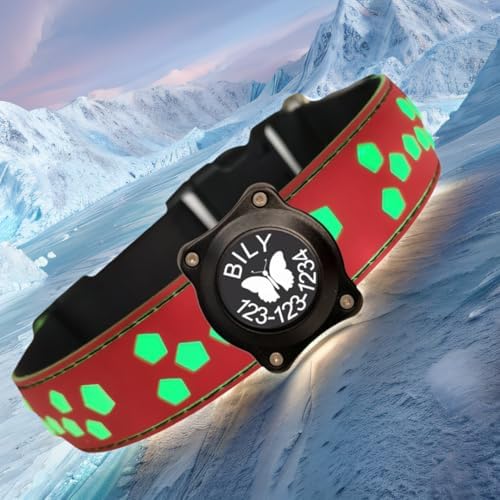 Personalized Light up Black Dog Collar with airtag Holder for Night Walk (RED Collar 15 Modes Lighting, M(11.8-15.7"))